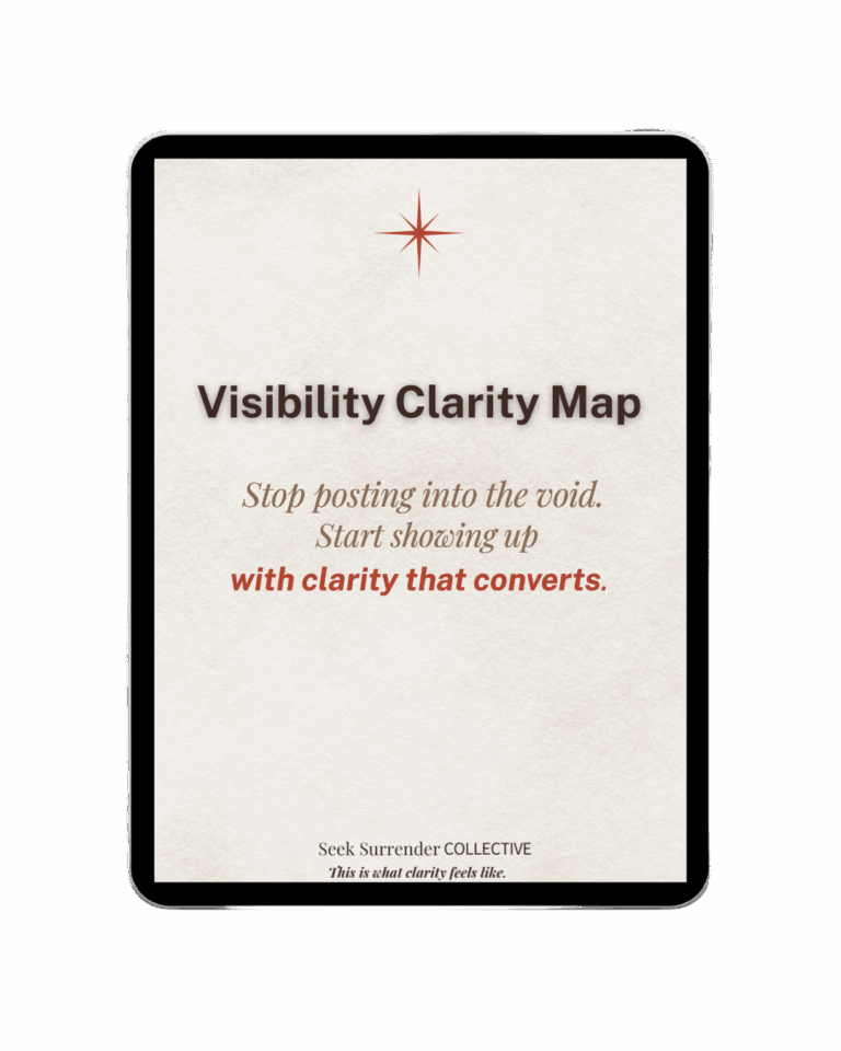 Mockup of the Visibility Clarity Map lead magnet, displayed as a printable PDF on a clipboard, representing a free downloadable guide to help business owners clarify their content strategy and message.