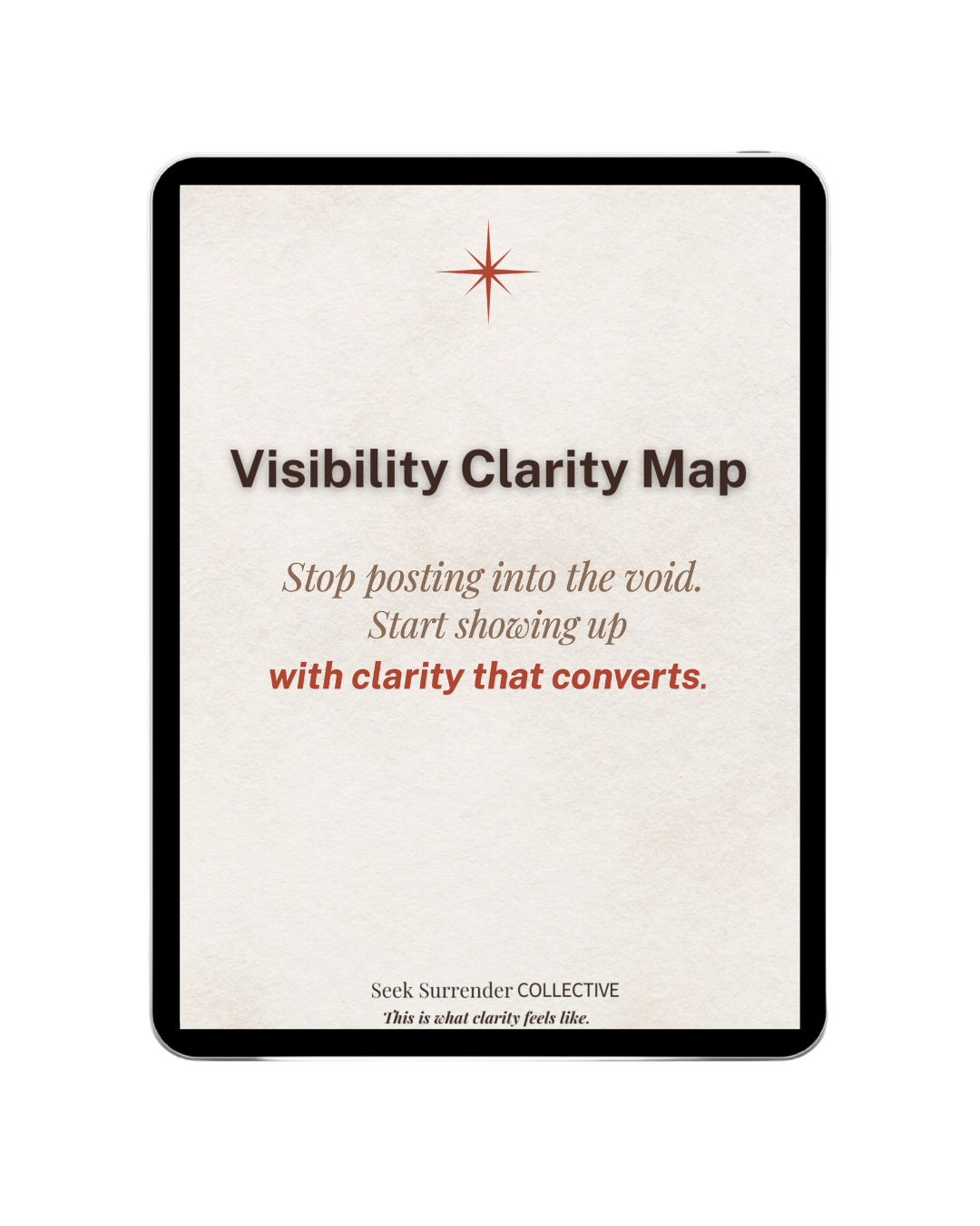 Mockup of the Visibility Clarity Map lead magnet, displayed as a printable PDF on a clipboard, representing a free downloadable guide to help business owners clarify their content strategy and message.
